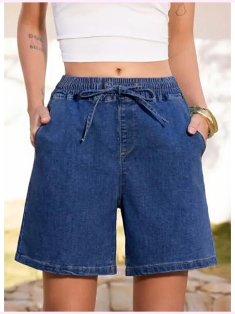 Women's High Waisted Baggy Jean Shorts, Drawstring Elastic Stretch Denim Shorts
